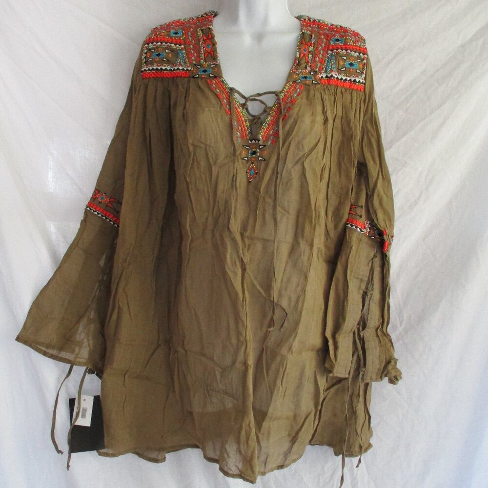 NWT NEW EMAMO Embroidered Beaded PUEBLA Floral Peasant Top Shirt Tunic Blouse S